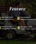 Man on riding mower, promoting electric starter motor's features: quiet operation, easy install, durable, includes motor starter with solenoid.