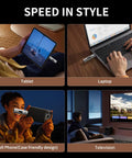 2TB External SSD Up To 1100 MB Per Second USB 3.2 Gen2 Dual Ports USB A And USB C Portable Thumb Drive shown with tablet, laptop, phone, TV.