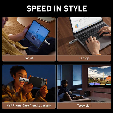 2TB External SSD Up To 1100 MB Per Second USB 3.2 Gen2 Dual Ports USB A And USB C Portable Thumb Drive shown with tablet, laptop, phone, TV.
