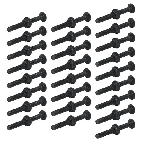 25 Piece M5 Carriage Bolt And Flange Nut Set, Stainless Steel 304 Rust Resistant Fasteners For Agricultural Equipment Storage Racks And Furniture Assembly, Non Slip Grip And Heavy Duty Security, black bolts laid out
