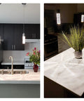 Slick Modern Pendant Light With LED Bubble Crystal Shades for Kitchen Island in chrome above a marble countertop with flowers.