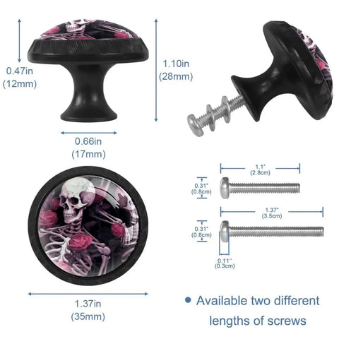 Four Piece Round Cabinet Knobs Set For Kids Durable Drawer Pulls With Screws, skeleton design, two screw lengths shown