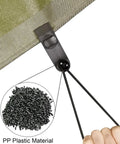 Heavy Duty Tarp Clips 20 Pack With Lock Grip securing a tarpaulin edge, showing PP plastic material composition.