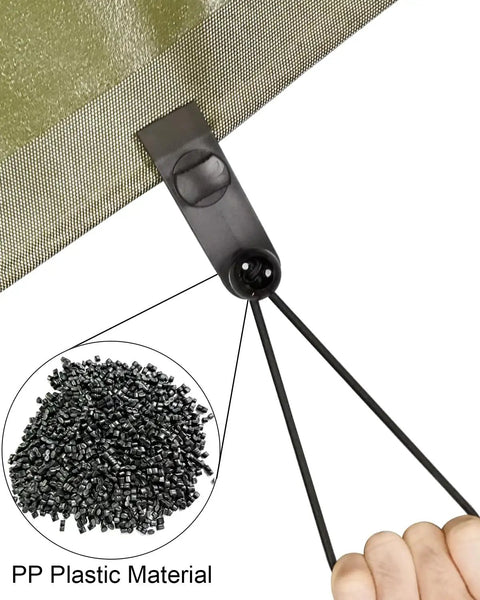 Heavy Duty Tarp Clips 20 Pack With Lock Grip securing a tarpaulin edge, showing PP plastic material composition.