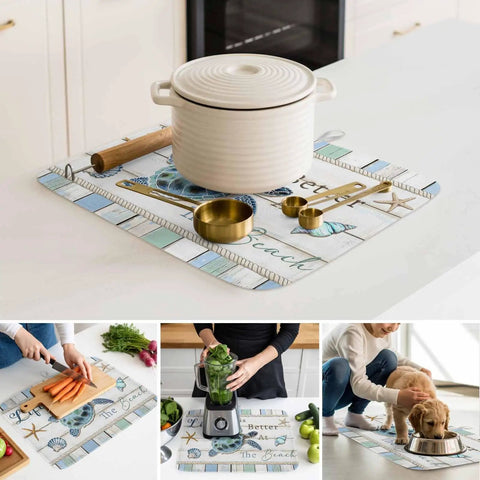 Blue Starfish Shell Conch Wood Grain Dish Drying Mat For Kitchen Counter Super Fast-Drying Ultra Absorbent Microfiber Drainer Pad