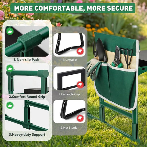 Heavy Duty Garden Kneeler And Seat With Anti Tip Design Foldable Garden Bench featuring tool pockets and sturdy frame