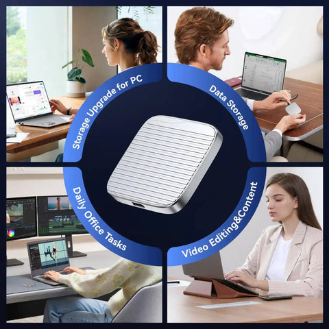 Magnetic External SSD With USB 3.2 Gen 2x2 Up To 2000MBps shown with users on laptops and tablets for video editing
