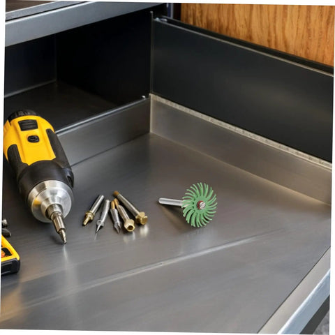 Kick It Up A Notch With This 1 Inch Radial Bristle Disc Buffing Wheel And 3 Mm Shank For Serious Polishing And Metal Restoration on Tools on a workbench.