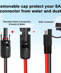 Diagram showing 10AWG Solar Panel To SAE Adapter Cable with protective cap and connectors, 10Ft PV Solar Extension Wire.