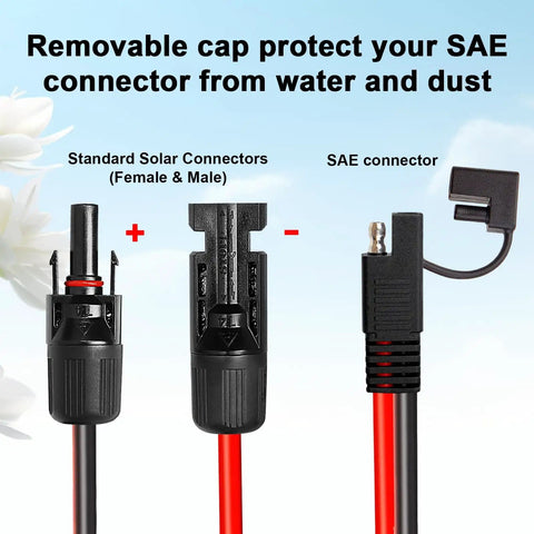 Diagram showing 10AWG Solar Panel To SAE Adapter Cable with protective cap and connectors, 10Ft PV Solar Extension Wire.