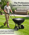 Man using Rugged Heavy Duty Outdoor Fertilizer Spreader Cover With Clear Viewing Window Waterproof 420D Polyester on a lawn