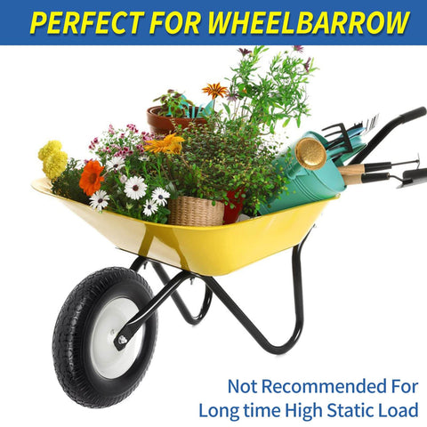 Solid Wheelbarrow Tire 16 Inch 4.80 4.00 8 Flat Free Wheel And Tire With 6 Inch Centered Hub And Five Eighth Inch Axle Bore visible.