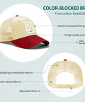 Cool Mens Golf Trucker Cap That Feels Like Air, Vintage Classic Cotton Hat With Breathable Six Eyelet Design, Rice White With Wine Red Brim, showing front and back details