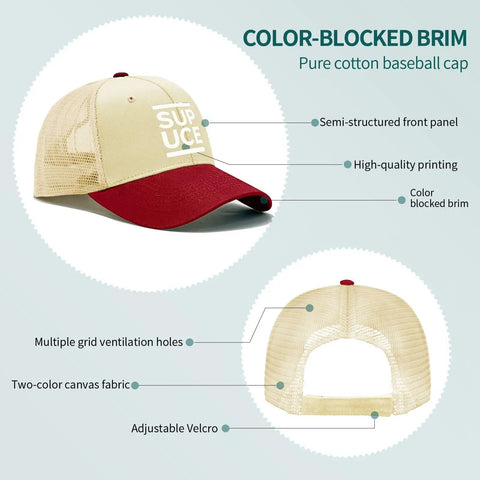 Cool Mens Golf Trucker Cap That Feels Like Air, Vintage Classic Cotton Hat With Breathable Six Eyelet Design, Rice White With Wine Red Brim, showing front and back details
