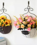 Wicker hanging baskets with sunflowers and roses on sturdy wall mounted hooks, indoors, no Beefy Heavy Duty Stainless Steel Coat Hook visible
