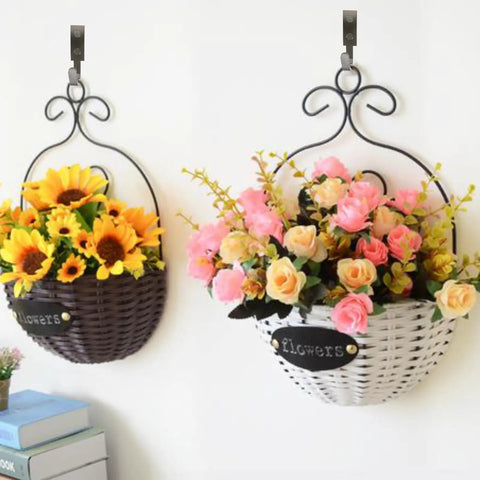 Wicker hanging baskets with sunflowers and roses on sturdy wall mounted hooks, indoors, no Beefy Heavy Duty Stainless Steel Coat Hook visible