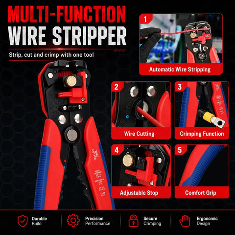 Premium Ferrule Crimping Tool Kit With Square Die Pliers And Auto Wire Stripper, 2000 Piece Connector Set In 8 Sizes For 0.5 To 10mm² Electrical Wires showing crimping tool and wire stripping functions