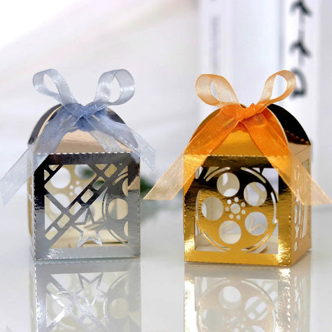 50 Pieces Hollow Out Film Wedding Favor Boxes with Ribbon for Candy and Chocolate Treats, reflective silver and gold.