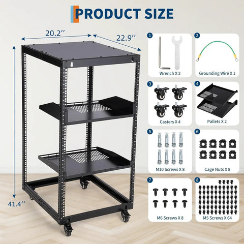 Rock Solid 20U Open Frame Network Rack Hella Sturdy Cold Rolled Steel Server Cabinet With Super Adjustable Depth Between 22 And 40 Inches dimensions diagram.