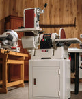 Heavy Duty 6 By 48 Inch Belt And 12 Inch Disc Sander With Closed Stand One Point Five Horsepower dual voltage unit in workshop.