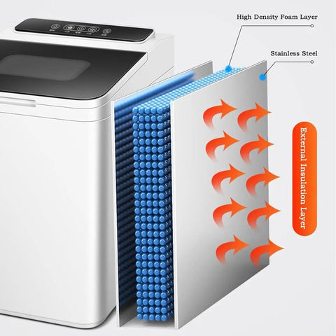 Portable Countertop Ice Cube Maker With Led Screen Produces 22 Pounds Daily showing high density foam insulation and stainless steel.