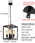 Black 4 Light Lantern Chandelier Farmhouse Vibe Pendant Light With Adjustable Height Rustic Cage for Kitchen and Dining Room