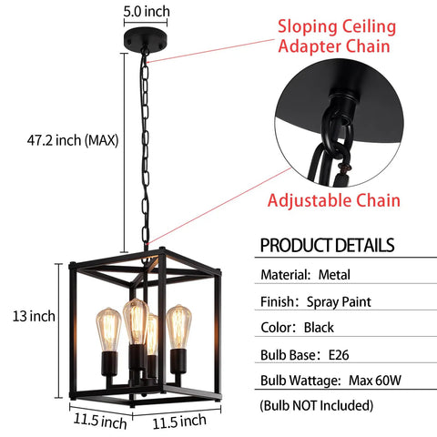 Black 4 Light Lantern Chandelier Farmhouse Vibe Pendant Light With Adjustable Height Rustic Cage for Kitchen and Dining Room