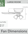 Diagram of 52 Inch Indoor Ceiling Fan With LED Lights, Pull Chain, Low Profile Flush Mount, dimensions detailed view