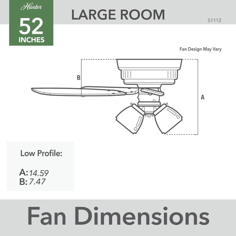 Diagram of 52 Inch Indoor Ceiling Fan With LED Lights, Pull Chain, Low Profile Flush Mount, dimensions detailed view