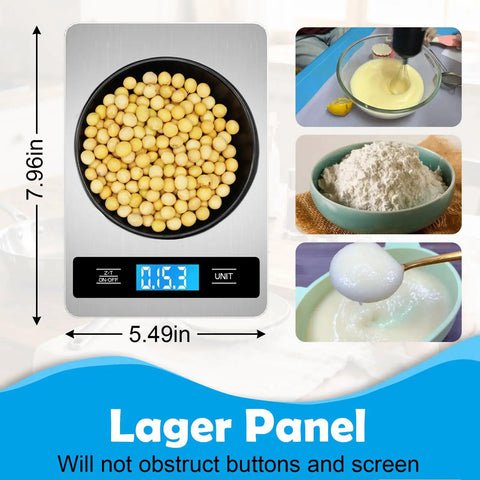 Smart Food Scale For Precise Calories And Portions 33Lb Capacity Measures In Grams And Ounces Backlit display with baking ingredients