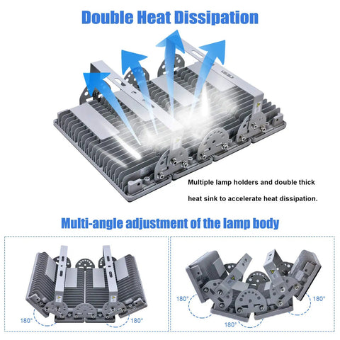 400W LED Stadium Flood Lights Outdoor Beast Mode Bright 56000 Lumens 6500K Daylight IP67 Waterproof 6KV Surge Adjustable Angle Heavy Duty Exterior Flood Lighting For Sports Fields Arenas showing double heat dissipation.
