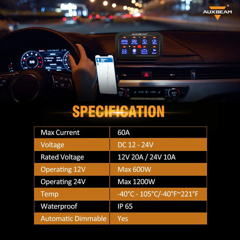 Interior view of car dashboard displaying 8 Gang Switch Panel BA80 Universal Circuit Control Relay Box with specifications.