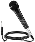 Wired Dynamic Microphone For Singing With On Off Switch, cardioid studio mic, all metal body, black, with cable shown.
