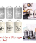 Heavy Duty Metal Coffee Canister Set Of Three Wide Mouth Kitchen Storage Jars For Beans Tea Sugar And Nuts in silver and white.