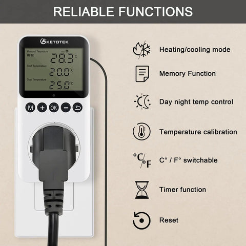 Digital Day And Night Temperature Controller With Timer For Reptile Terrarium And Greenhouse 120V Thermostat Outlet Plug With 3m Sensor Auto Heating And Cooling Control Three Modes M1 M2 M3