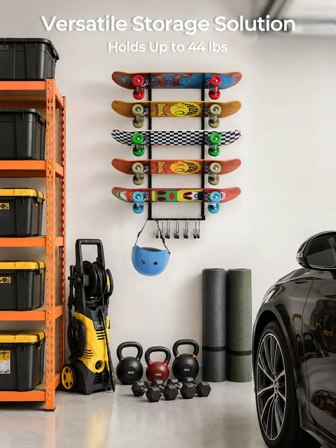Heavy Duty Five Tier Skateboard Rack Wall Mount With Ten Coated Clips For Helmets Plus Gear, holding five skateboards and gear.