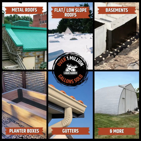 Image collage showing Color Roof Sealant Elastomeric Waterproof Coating on metal roofs, flat roofs, basements, planter boxes, and gutters.