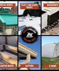 Image showcasing various applications of Color Roof Sealant For Flat And Low Slope Or Metal Roofs A Flexible UV Stable Elastomeric Waterproof Coating White 1 Gallon That Keeps Leaks At Bay On Any Roof, including metal roofs, flat/low slope roofs, basements, planter boxes, and gutters.