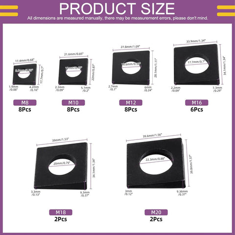 Image showing Best Beveled Square Washer Kit for Shim Leveling With 34 Pieces Across Six Sizes M8 M10 M12 M16 M18 M20 Galvanized Black Beveled Square Washers In Plain Carbon Steel Wedge Shaped For Home Workshop Use Swpeet product sizes and dimensions.