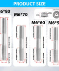 M6 double-ended stainless steel studs set, 4 sizes (50/60/70/80 mm) with flange nuts; 20-pack