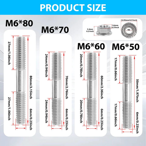 M6 double-ended stainless steel studs set, 4 sizes (50/60/70/80 mm) with flange nuts; 20-pack