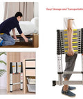 14.5 Ft Telescoping Aluminum Ladder For Home Or Outdoor Use, Foldable Portable Extension With 330 Lb Capacity, Easy Carry Strap, Compact Storage, Lightweight Yet Durable For DIY Projects And Everyday Tasks. Folded aluminum telescoping ladder stored and carried indoors.