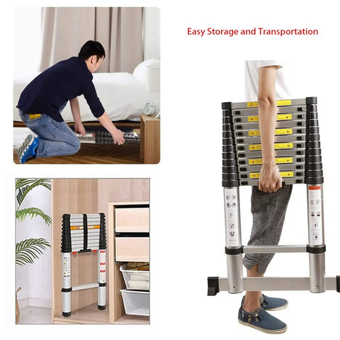 14.5 Ft Telescoping Aluminum Ladder For Home Or Outdoor Use, Foldable Portable Extension With 330 Lb Capacity, Easy Carry Strap, Compact Storage, Lightweight Yet Durable For DIY Projects And Everyday Tasks. Folded aluminum telescoping ladder stored and carried indoors.