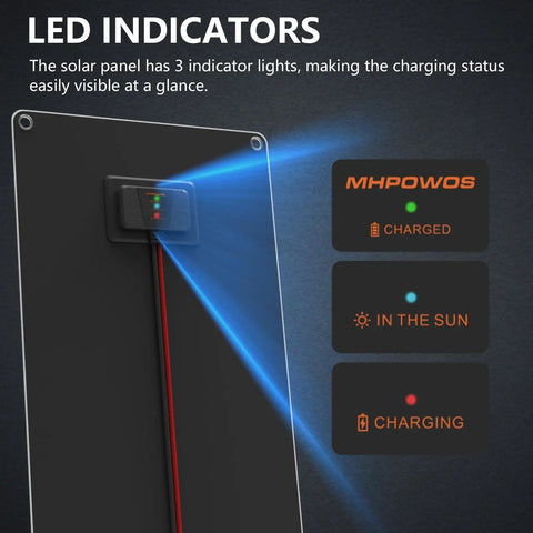 Close-up of LED indicators on the Lightweight 50W 12V Solar Battery Charger Maintainer, showing charging status lights.