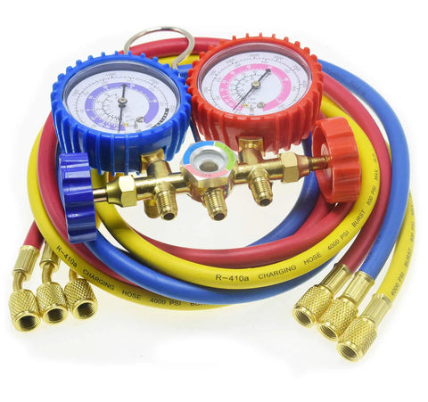 Three Way AC Diagnostic Manifold Gauge Set For Freon Charging Fits R410A R22 R404A Refrigerants With 60 Inch Hoses And Quarter Inch Thread Two Quick Couplers For HVAC And Auto AC Maintenance DIY Friendly, brass manifold gauges with hoses