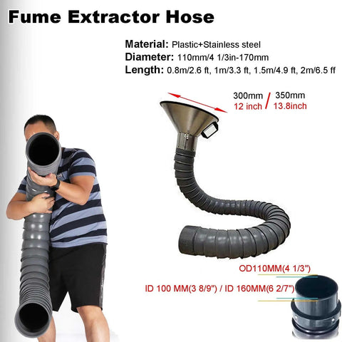 Heavy Duty 4 To 8 Inch Flexible Duct Collector Arm Featuring Slick Articulated Fume Extractor Hose For Welding Laser And Soldering With Removable Stainless Steel Hood