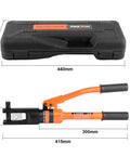 Beefy 12 Ton Hydraulic Crimping Tool For 6 AWG To 40 AWG Cables With 8 Die Sets Heavy Duty Battery Cable Lug Crimper Ergonomic Grip For Precise Hex Die Crimping On Electrical Terminals. Carry case and tool with 440mm and 415mm dimensions