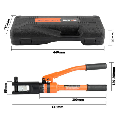 Beefy 12 Ton Hydraulic Crimping Tool For 6 AWG To 40 AWG Cables With 8 Die Sets Heavy Duty Battery Cable Lug Crimper Ergonomic Grip For Precise Hex Die Crimping On Electrical Terminals. Carry case and tool with 440mm and 415mm dimensions