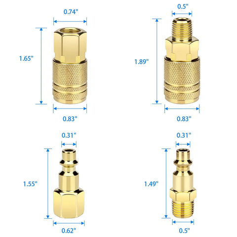 Eight Piece One Quarter Inch NPT Quick Connect Air Hose Fittings Kit with dimensions shown