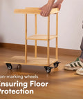 Wooden cart with heavy-duty caster wheels with brakes for trolleys and outdoor furniture, showing floor protection feature.